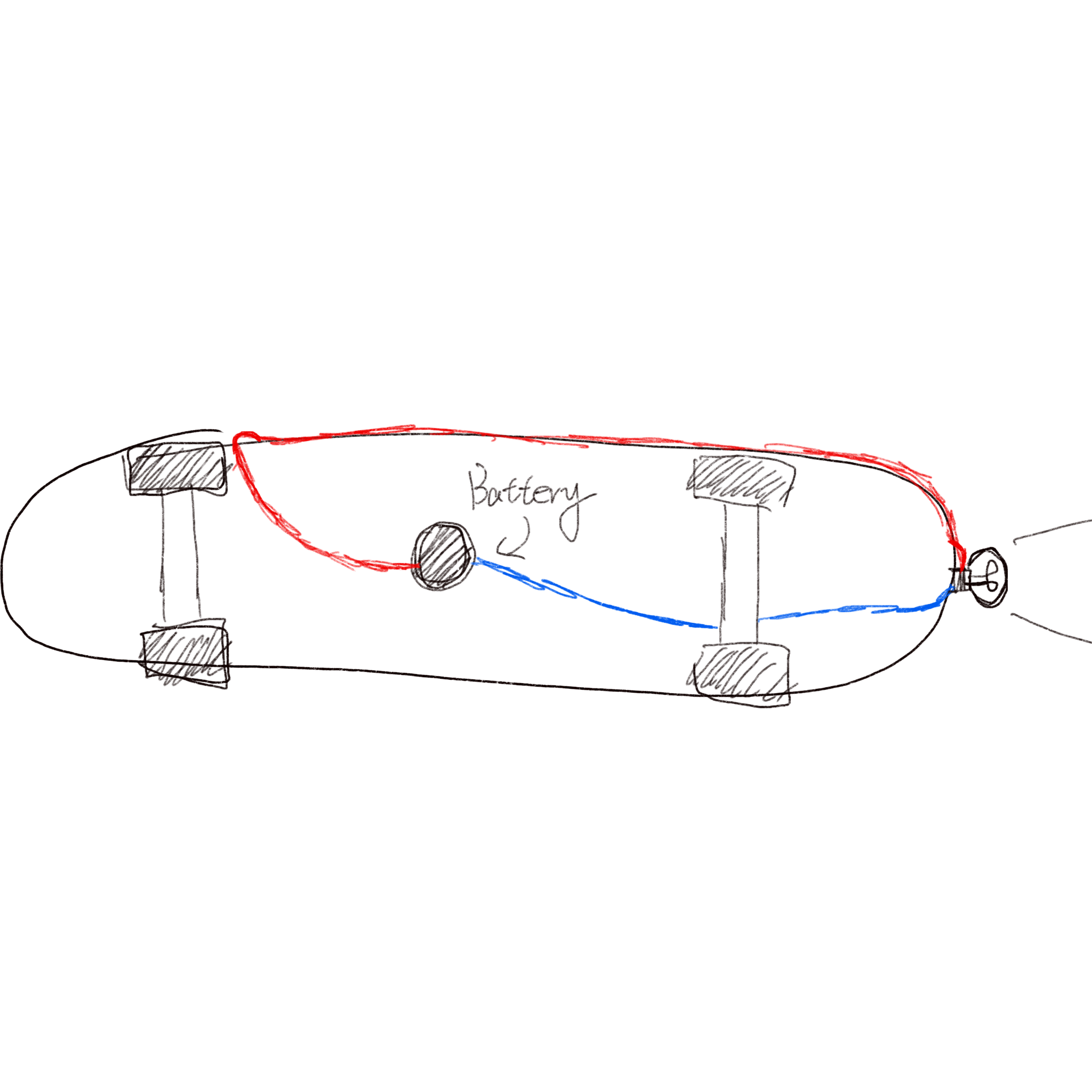 The bottom view of the skateboard circuit sketch.