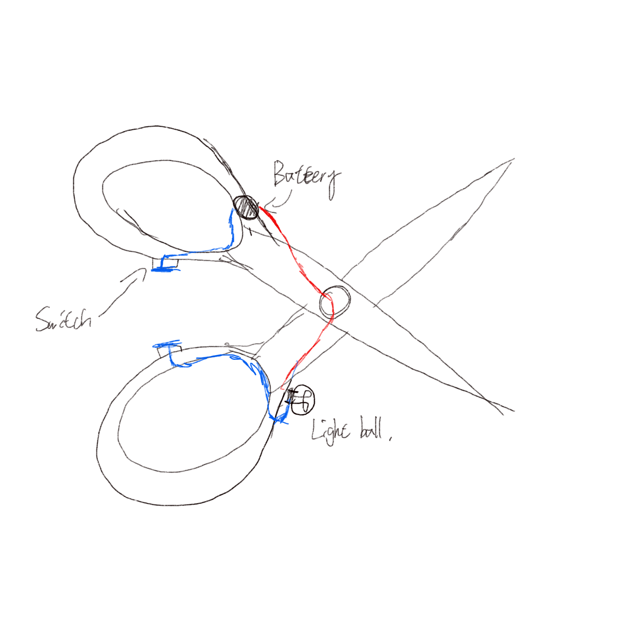The top view of the opened sciccors circuit sketch.