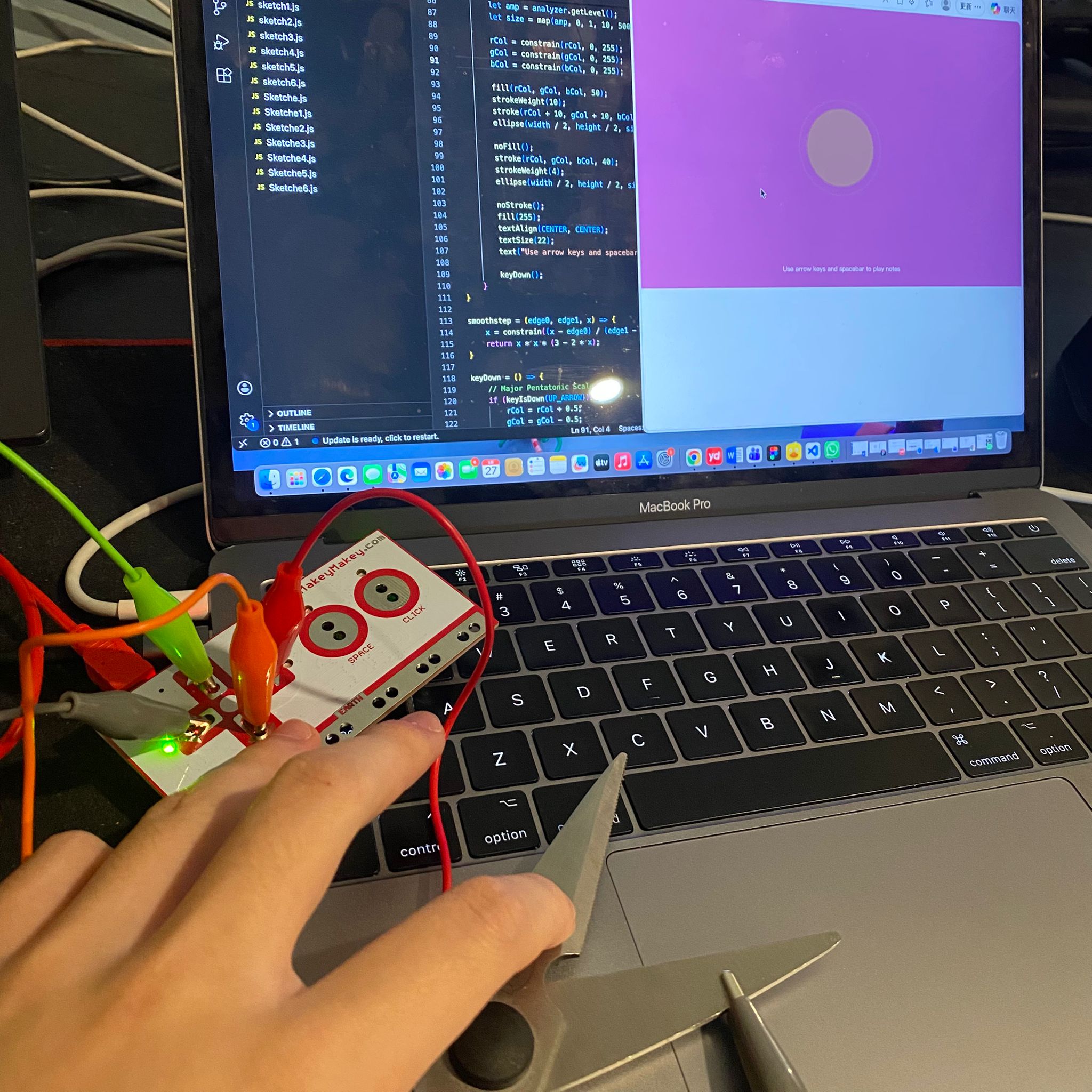 Try using scissors as a conductor to link the Makey Makey to trigger the effects of P5js.