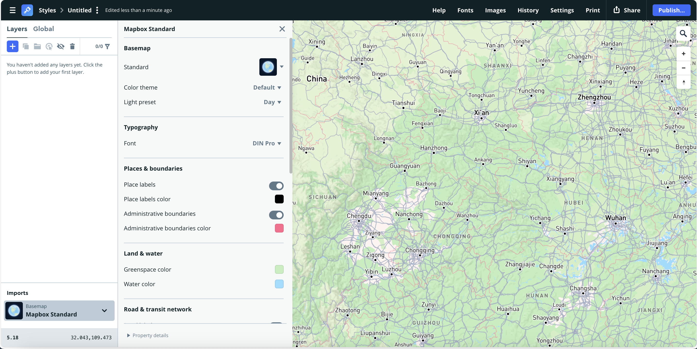 Uses the default “Day” color preset, showing moderate greens and blues with neutral land tones. The typography is clean and standard (DIN Pro).
