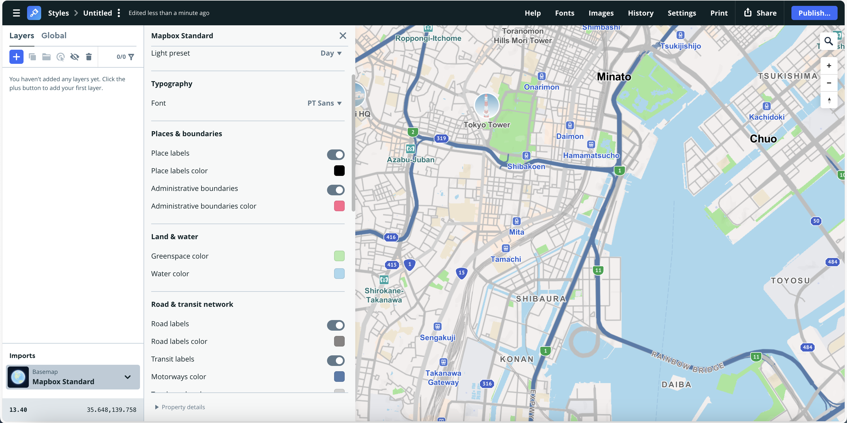 Uses PT Sans typography and maintains the Day preset, but roads are styled with stronger, darker blues and gray contrasts, emphasizing transportation infrastructure. Gives a crisp, data-driven appearance—ideal for navigation-focused use.