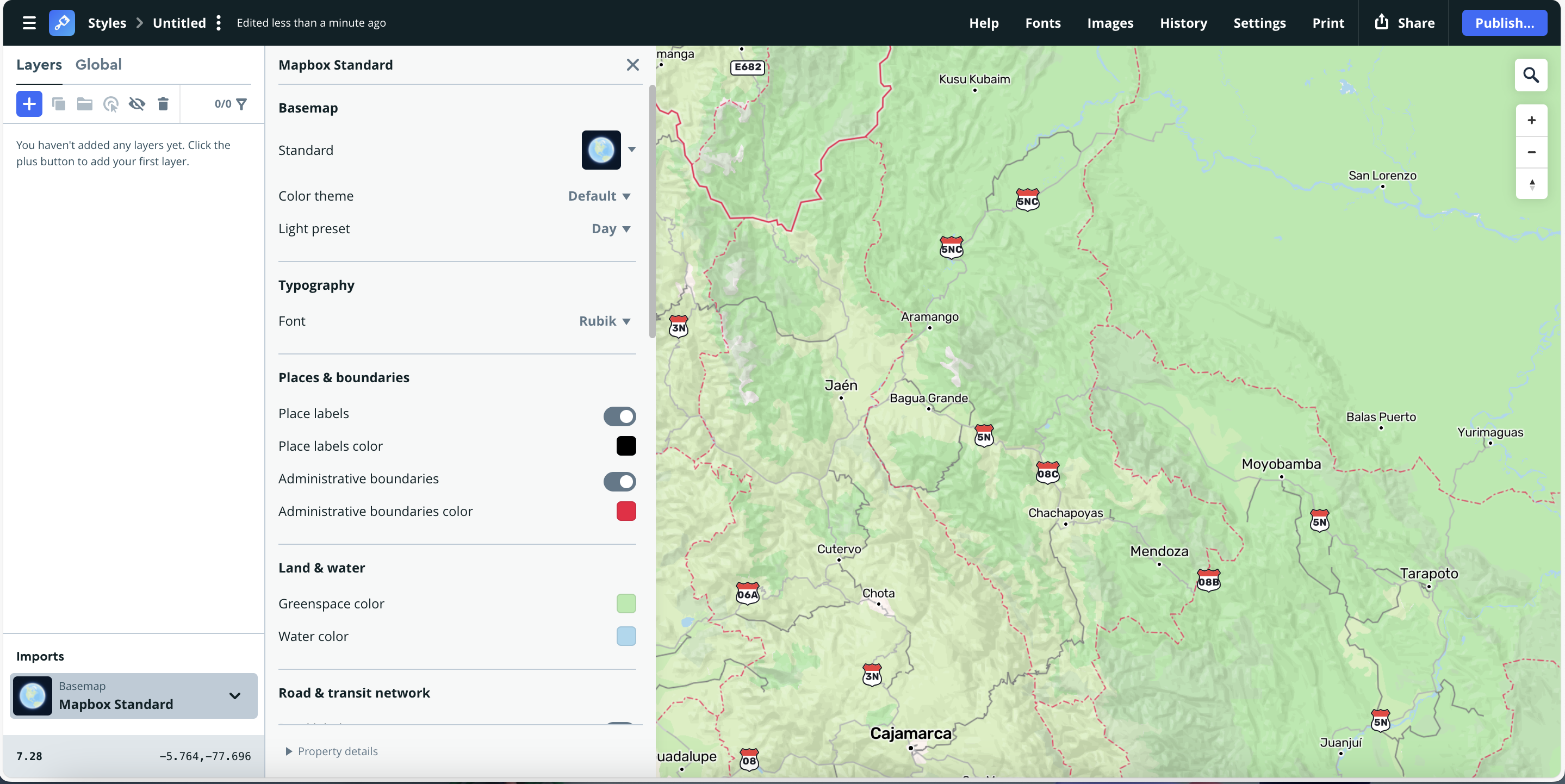 The green elevation shading and red administrative boundaries stand out, showing how Mapbox Standard adjusts to emphasize terrain and political borders at larger scales. Road shields are highlighted for navigation clarity.