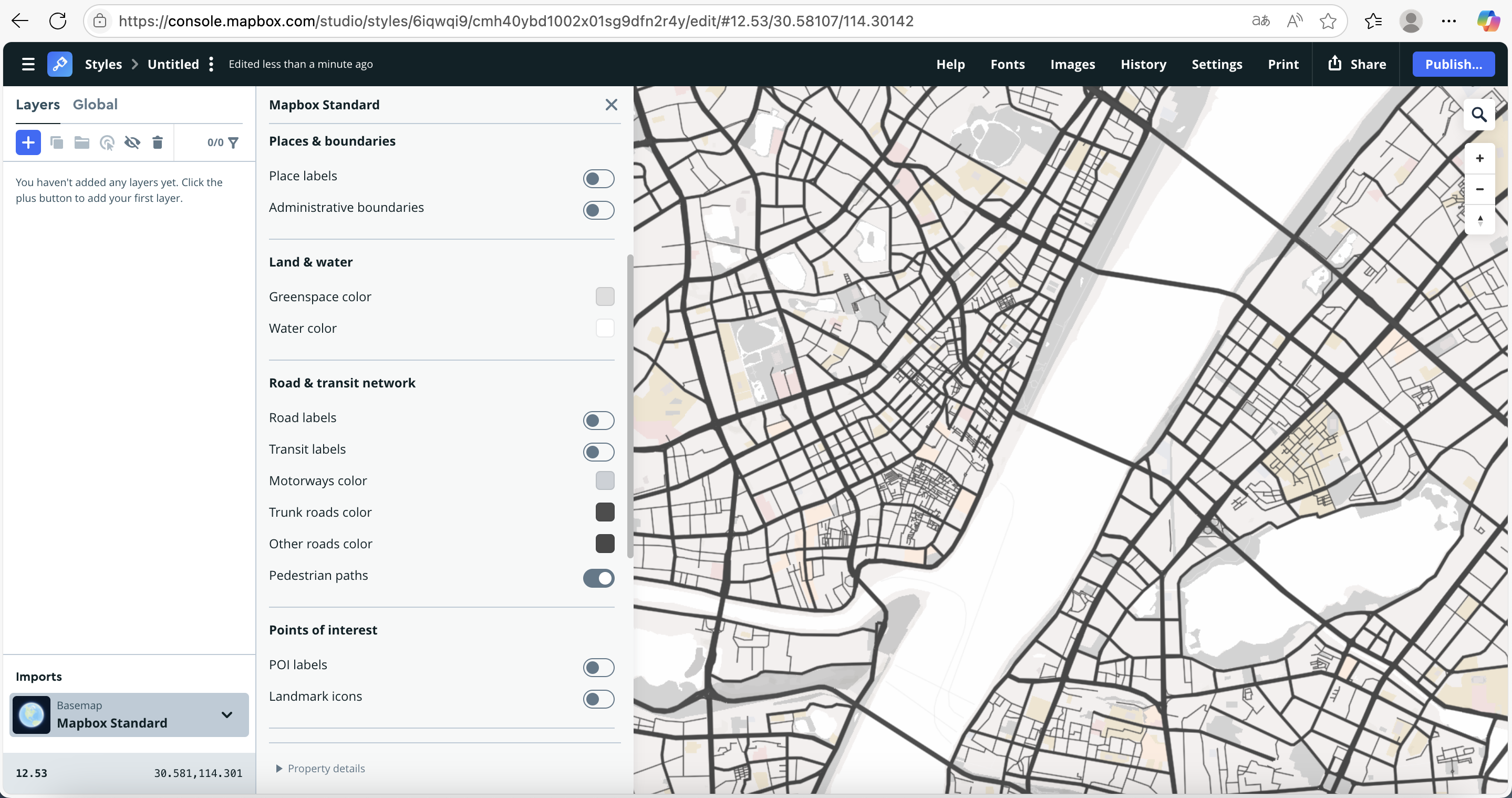This version features a desaturated, grayscale style within the standard “Day” preset. The focus is on road network geometry, using dark black roads over light backgrounds. It removes most color distractions, useful for infrastructure analysis or thematic overlays.