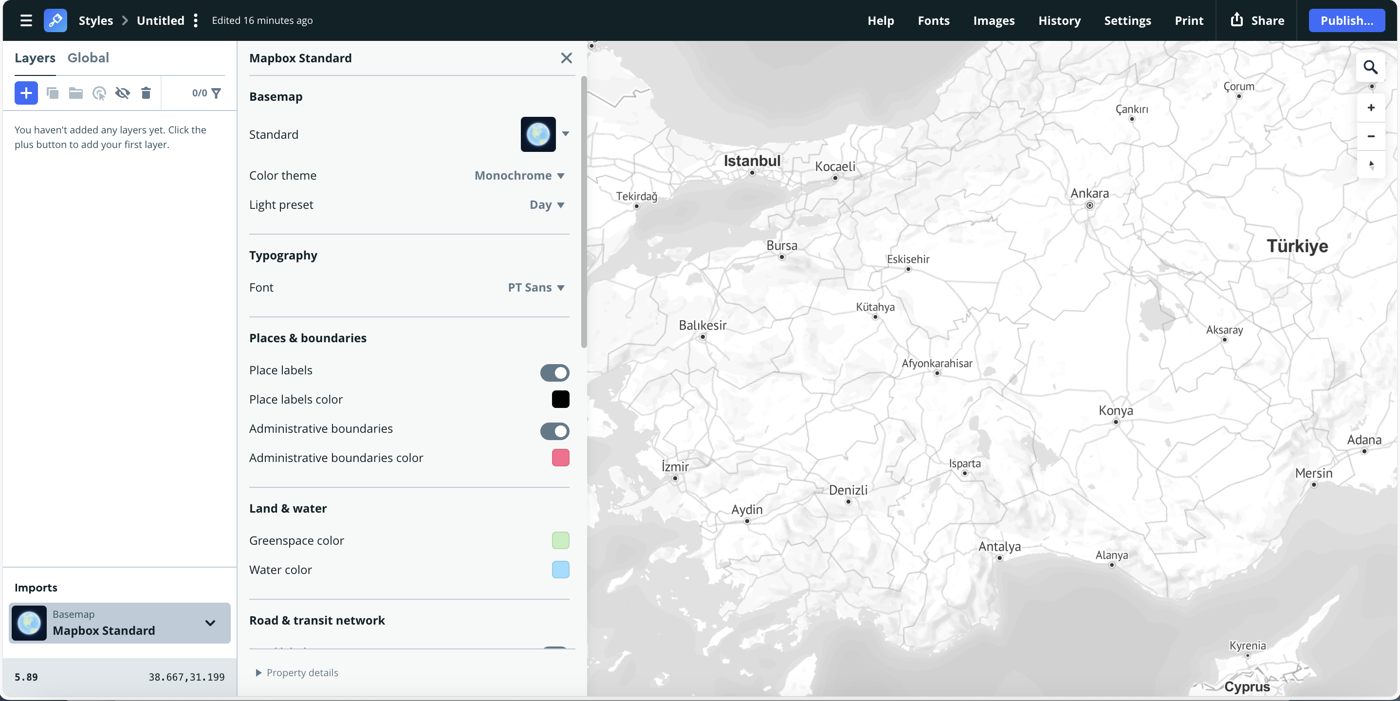 The Monochrome color theme transforms Mapbox Standard into a black-and-white aesthetic, paired with PT Sans typography for clarity. It’s a clean, print-friendly version that highlights terrain relief through subtle gray shading.