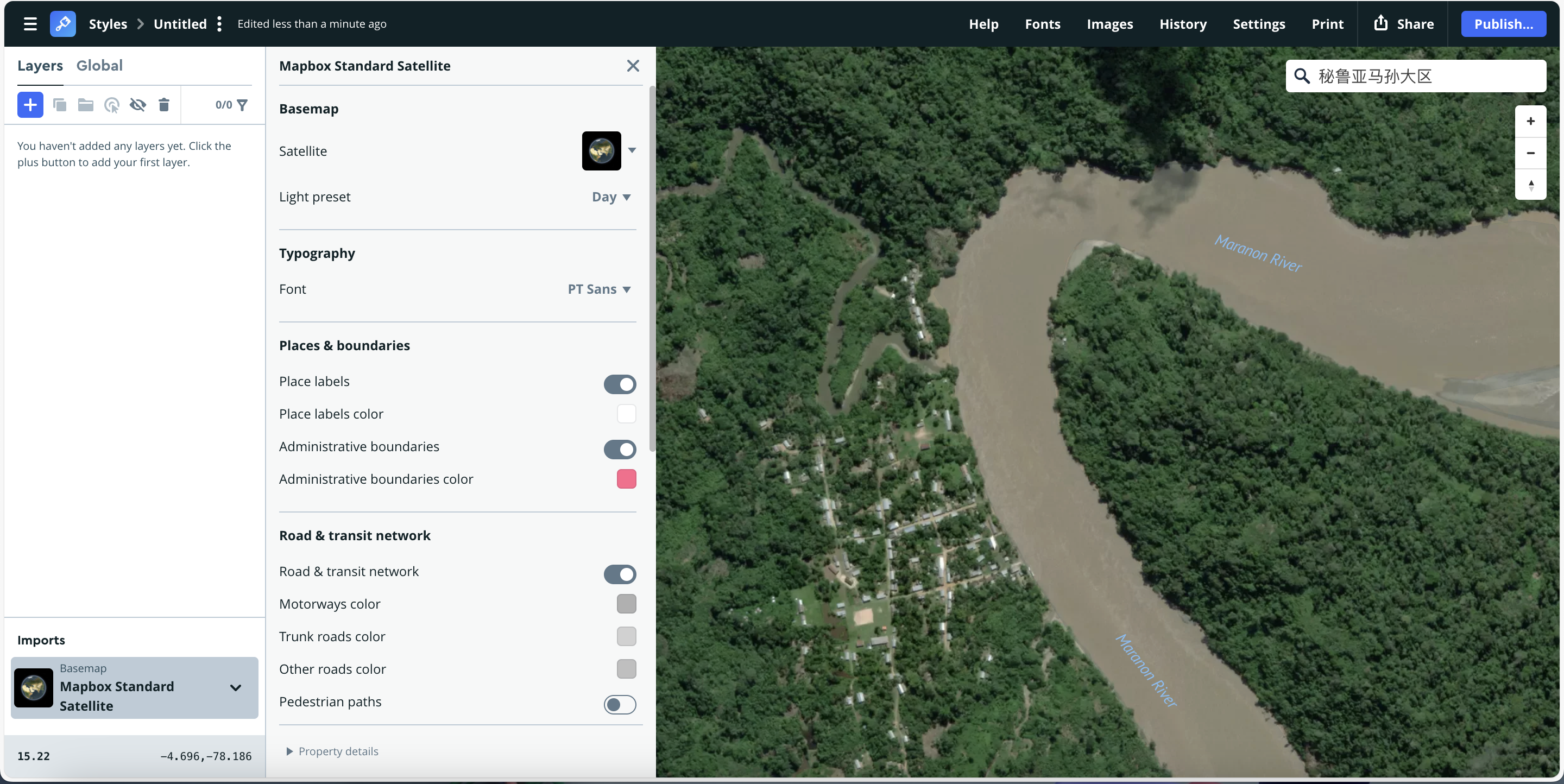 Presents lush forest texture and winding river systems in natural color. Minimal overlays allow the landscape itself to dominate — best for ecological or geographic visualization.